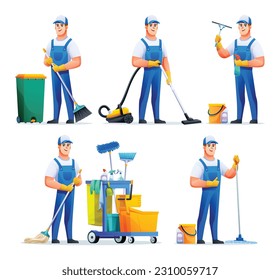 Set of cleaning service man with different equipment. Male janitor cartoon character