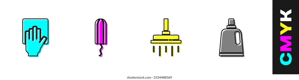 Set Serviço de limpeza, tampão sanitário, cabeça do chuveiro e garrafa para o ícone do agente de limpeza. Vetor