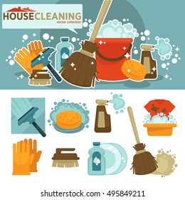 Set of cleaning service symbols. Equipment for cleanup and housework: sponge, bucket, broom, mop, brush, detergent product, glass cleaner. Flat vector illustration