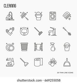 Set of cleaning service thin line icons: iron, washer, robot vacuum cleaner, brushes and other accessories for household. Vector illustration.
