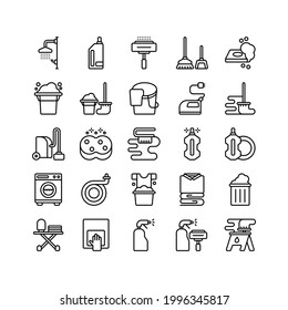 Set of cleaning service, wash, laundry, housekeeping outline style icon and illustration - vector