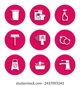 Set Cleaning service, Water tap, Washing dishes, Wet floor and cleaning progress, Squeegee, scraper, wiper, spray with detergent and Trash can icon. Vector