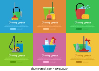 Set of cleaning service web banners. Flat style. House cleaning vector concepts with broom, vacuum cleaner, sponge, sprayer and household chemicals. Illustration for housekeeping online services