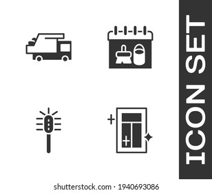 Set Cleaning Service For Window, Garbage Truck, Toilet Brush And Calendar Icon. Vector