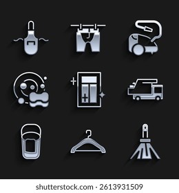 Set Cleaning service for window, Hanger wardrobe, Handle broom, Garbage truck, Bucket with rag, Washing dishes, Vacuum cleaner and Kitchen apron icon. Vector