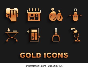 Set Cleaning service for window, Kitchen apron, Vacuum cleaner, Dustpan, Iron and ironing board, Garbage bag,  and calendar icon. Vector