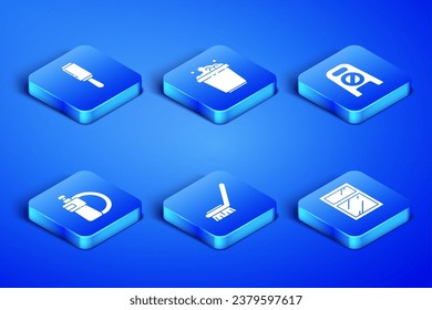 Set Cleaning service for windows, Adhesive roller, Brush cleaning, Dishwashing liquid bottle and plate, Bucket with soap suds and Wet floor progress icon. Vector