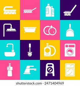Set Servicio de limpieza para ventanas, lavadora, recogedor, limpiador de botellas, bañera, cabezal de ducha, cepillo y lavado de platos icono. Vector