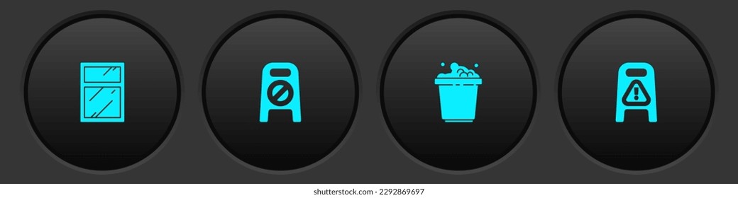 Establecer el servicio de limpieza para ventanas, suelo húmedo y progreso de limpieza, cubo con suds de jabón e icono. Vector