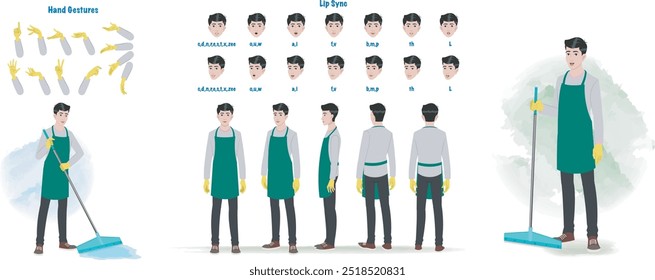 Conjunto de conjunto ou construtor de criação do trabalhador do serviço de limpeza. Pacote de peças de corpo do zelador, gestos, uniforme e roupas, equipamentos, polidor de chão isolado em fundo branco. Ilustração vetorial.