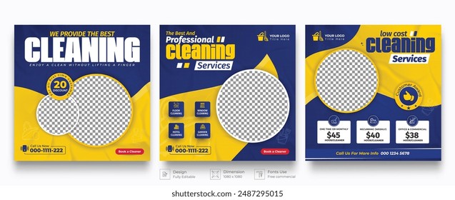 Set of cleaning services business promotional ad bundles for social media post banner packs or sale discount offer price Instagram template designs.