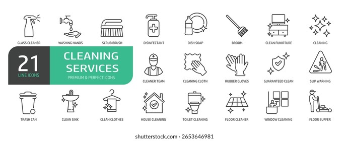 Set Of Cleaning Services Icons. Outline Symbols Elements Collection.  Set contains such icons as Cleaning Cloth, Broom, Floor Cleaner, Disinfectant, Glass Cleaner, Scrub Brush,Toilet , Guaranteed Clea