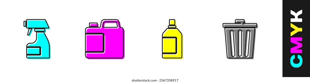 Set Cleaning spray bottle, Bottle for cleaning agent,  and Trash can icon. Vector