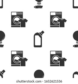 Set Cleaning spray bottle with detergent liquid , Plastic bottles for liquid dishwashing liquid and Washer and t-shirt  on seamless pattern. Vector
