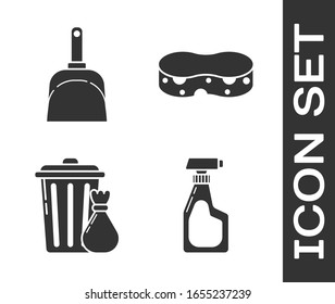 Set Cleaning spray bottle with detergent liquid , Dustpan , Trash can and garbage bag  and Sponge  icon. Vector