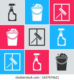 Set Cleaning spray bottle with detergent liquid , Bucket with foam and bubbles  and Squeegee, scraper, wiper icon. Vector