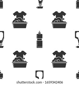 Set Cleaning spray bottle with detergent liquid , Plastic bottles for liquid dishwashing liquid and Plastic basin with soap suds  on seamless pattern. Vector