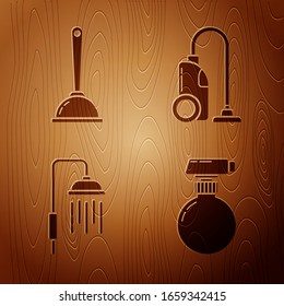 Set Cleaning spray bottle with detergent liquid , Toilet plunger, Shower head with water drops flowing  and Vacuum cleaner  on wooden background. Vector