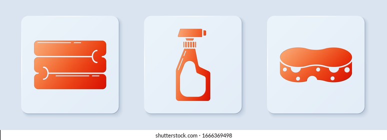 Colocar el frasco de pulverización con líquido detergente , Pila de toallas y Esponja . Botón cuadrado blanco. Vector