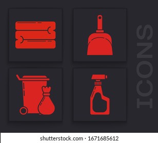 Set Cleaning spray bottle with detergent liquid , Towel stack , Dustpan  and Trash can  icon. Vector