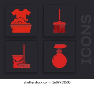Set Cleaning spray bottle with detergent liquid , Plastic basin with soap suds , Handle broom  and Mop and bucket  icon. Vector