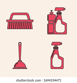 Set Cleaning spray bottle with detergent liquid , Brush for cleaning , Plastic bottles for liquid dishwashing liquid and Toilet plunger icon. Vector