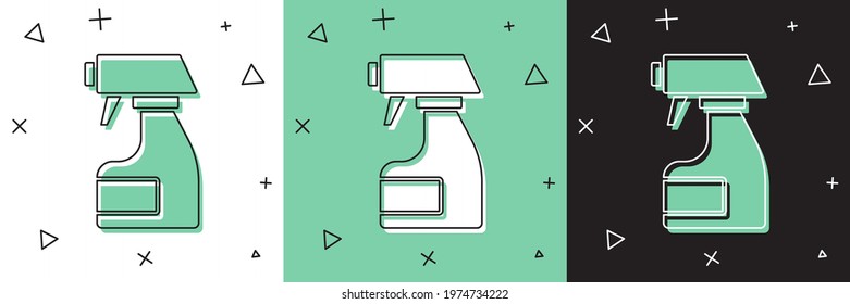 Set Cleaning spray bottle with detergent liquid icon isolated on white and green, black background. Stain remover.  Vector