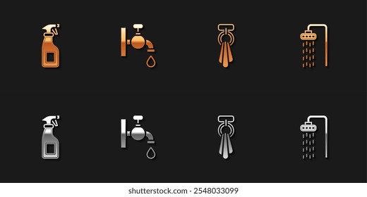 Set Cleaning spray bottle, Water tap, Towel on hanger and Shower icon. Vector