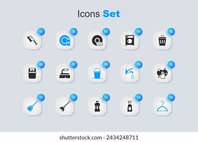 Set Cleaning spray with detergent, Brush for cleaning, Dishwashing bottle and plate, Dustpan, Hanger wardrobe, Sponge,  and Bucket icon. Vector