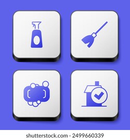 Set Cleaning spray with detergent, Handle broom, Bar of soap and Home cleaning service icon. White square button. Vector