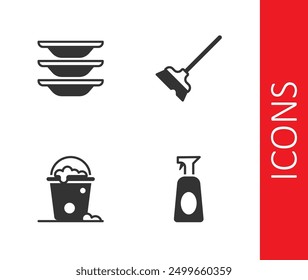 Set Cleaning spray with detergent, Washing dishes, Bucket foam and bubbles and Mop icon. Vector