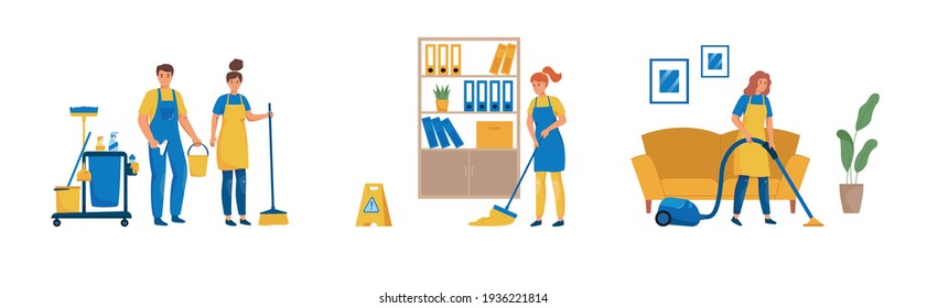 Set of cleaning staff characters with cleaning equipment in office and home. Cleaning and cleanliness concept. Cartoon character flat vector illustration.