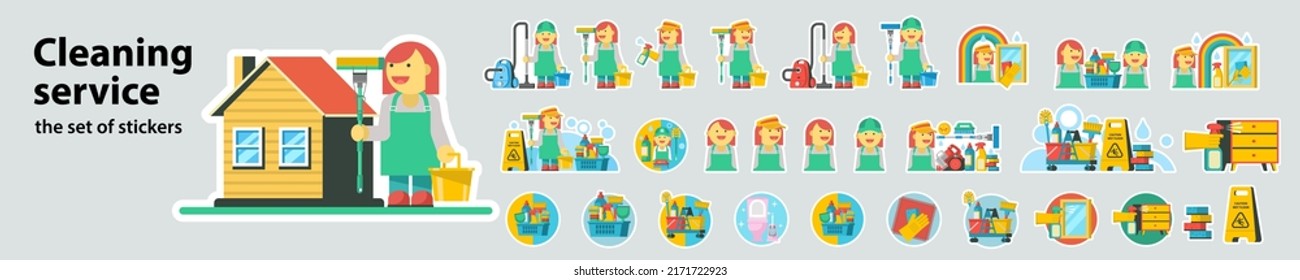 A set of cleaning stickers. Vector illustration, collection of design elements.