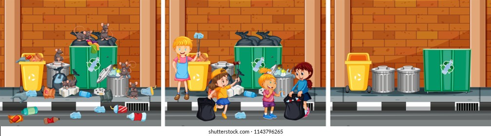 Set of cleaning a street scenes illustration