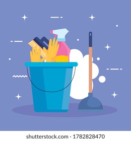 set of cleaning supplies in bucket vector illustration design