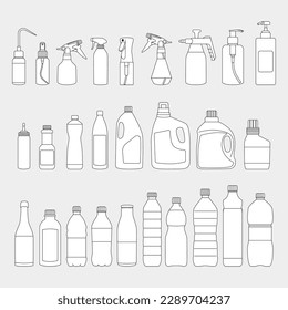 Set of cleaning supplies and drinking bottles packagings flat simple vector illustration - collection of bottle water, jug, laundry, liquid container, oil, sauce, detergent, soap, etc.