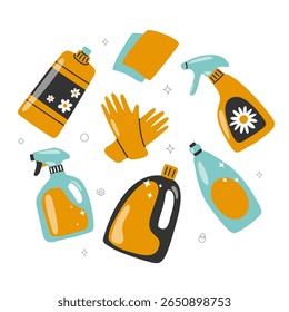 Set of cleaning supplies in flat cartoon style. Detergent bottles, gloves, sponges and sprays