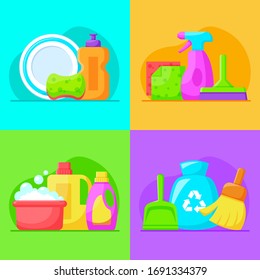 Set of cleaning supplies flat illustration. Vector illustration