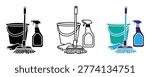 Set of cleaning supplies icons featuring a bucket, mop, spray bottle, and cleaning cloth in black, outline, and colored styles.