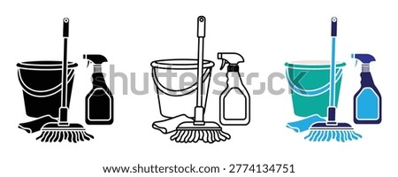 Set of cleaning supplies icons featuring a bucket, mop, spray bottle, and cleaning cloth in black, outline, and colored styles.