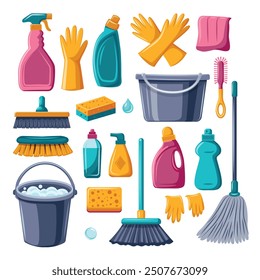 A set of cleaning supplies including a bucket, mop, and various cleaning products. Concept of cleanliness and organization