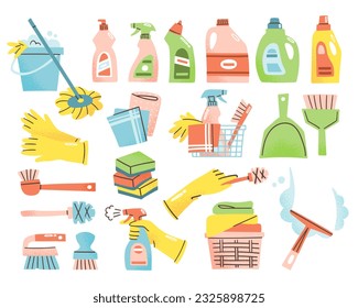 Set of cleaning supplies including detergent bottles, gloves, brushes, sponges and mop. Vector illustration of housework items. Cleaning tools concept. Elements are isolated on white background.