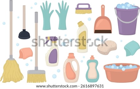 Set with cleaning supplies isolated on white. Housework concept with brush, sponge, bottles, broom, mop, spray, gloves, bucket and soap bubbles
