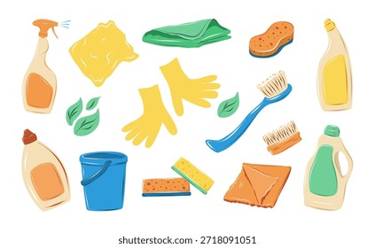 Conjunto de suministros y herramientas de limpieza. Ilustración vectorial dibujada a mano aislada en blanco, ideal para servicios de limpieza, conceptos de limpieza, anuncios de cuidado del hogar y diseños temáticos de higiene.