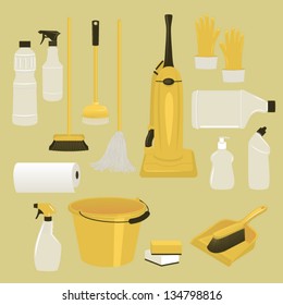 Set Of Cleaning Supplies And Tools, Including Vacuum Cleaner, Mop, Brushes, Bucket, Plastic Gloves And Bottles Of Cleaning Agents