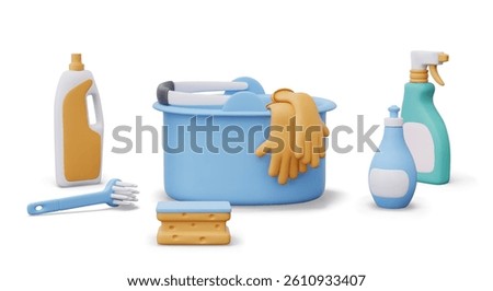 Set of cleaning supplies. Tools, protective accessories and detergents. Isolated vector elements in realistic style. Bucket, rubber gloves, brush, sponge, plastic bottles of various shapes