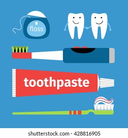 Set for cleaning teeth - toothpaste, toothbrushes, dental floss and teeth