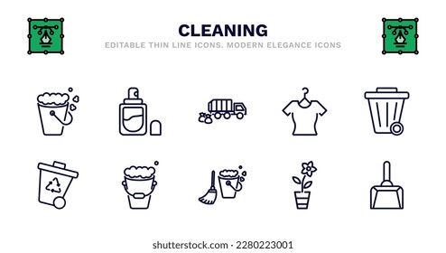 set of cleaning thin line icons. cleaning outline icons such as perfume cleanin, garbage truck cleanin, dress cleanin, wiping trash, wiping trash container, wiping trash container, tray tool, mop