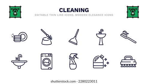 set of cleaning thin line icons. cleaning outline icons such as toilet brush cleanin, plunger cleanin, sink cleanin, toothpaste sink, sink, washing hine wiping sprayer tool, bleach wiping brush