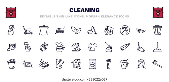 set of cleaning thin line icons. cleaning outline icons such as wiping sprayer, wiping trash can, vacuum cleanin, wiping trash, hands cleanin, clean clothes, trash cleanin, container, shaver